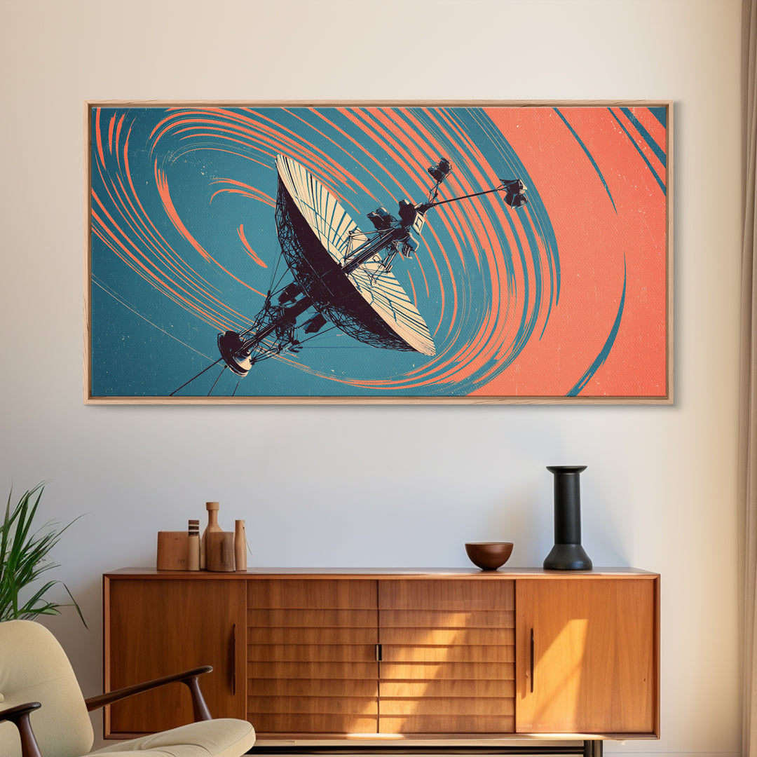 Teal Coral Satellite Dish In Orbit, Mid Century Modern Wall Art, Retro Sci Fi Space Poster, Geometric Abstract Decor Print