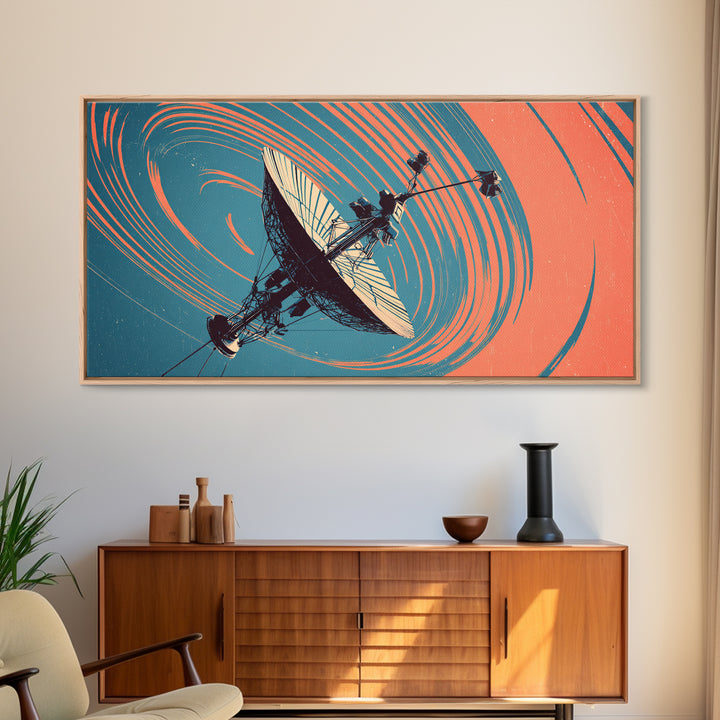 Teal Coral Satellite Dish In Orbit, Mid Century Modern Wall Art, Retro Sci Fi Space Poster, Geometric Abstract Decor Print