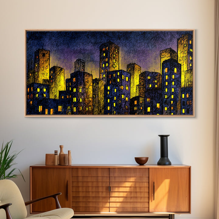 Golden Dusk City Skyline Wall Art, Blue Urban Nightscape, Modern Abstract Art Print, Office Decor, Living Room Wall Decor