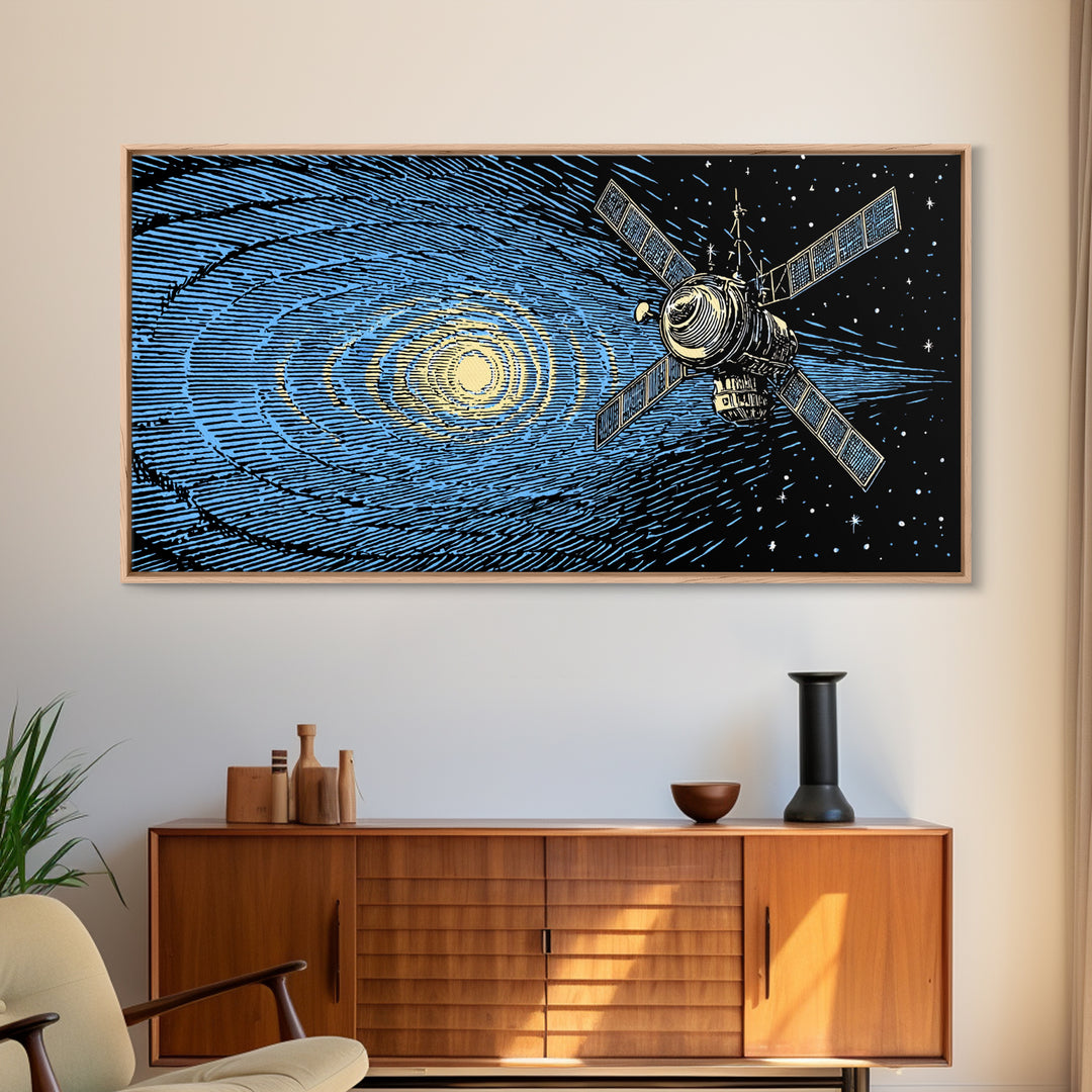 Blue Starfield Satellite With Solar Waves, Mid Century Modern Wall Art, Retro Sci Fi Space Poster, Cosmic Abstract Decor