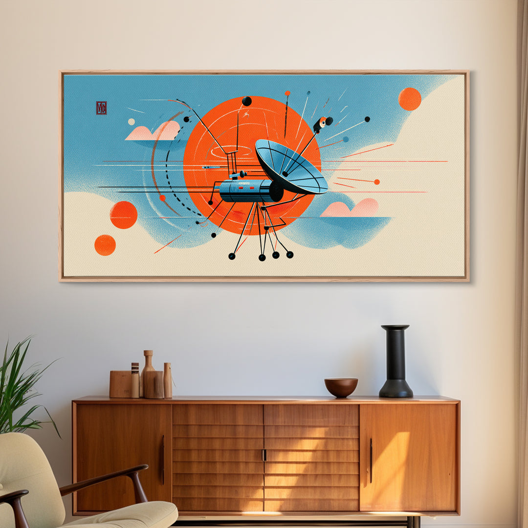Retro Satellite Dish With Orange Sun Canvas Print, Midcentury Modern Wall Art, Atomic Space Poster, MCM Office Decor Gift