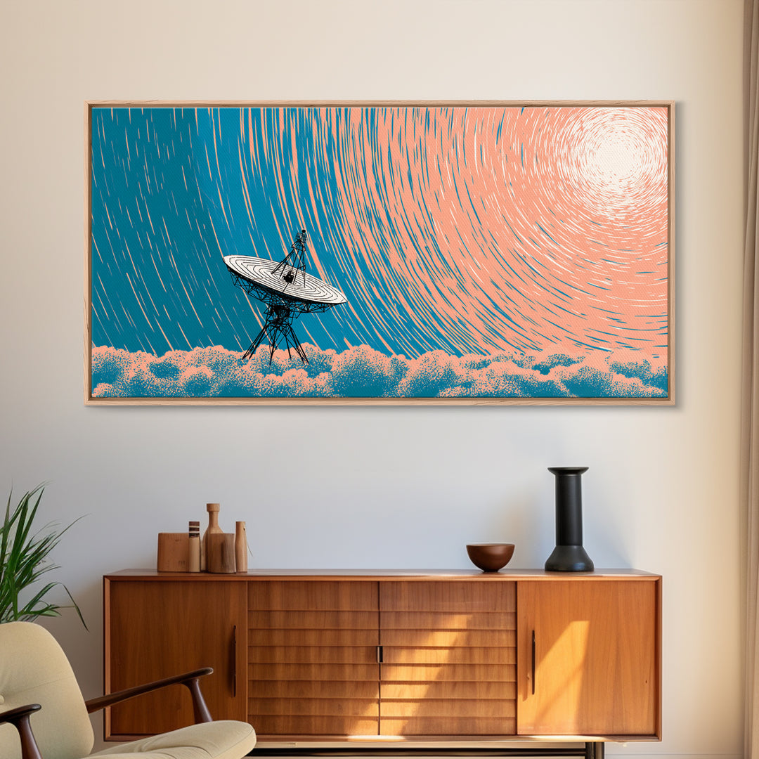 Radio Telescope Under Spiral Star Trails Canvas Print, Midcentury Modern Wall Art, Retro Astronomy Poster, Blue Office Decor