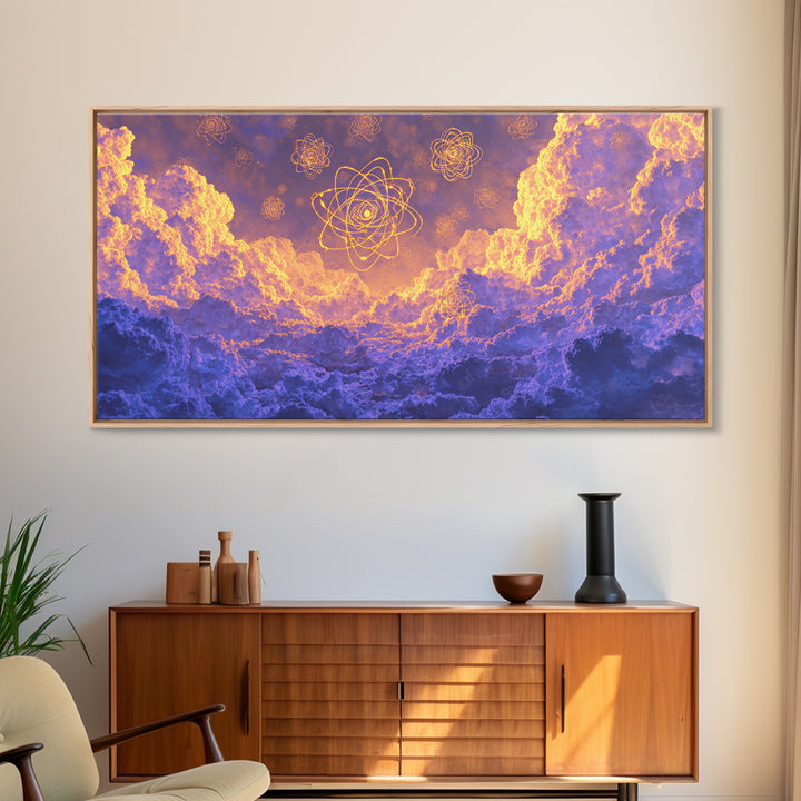 Glowing Atomic Symbols In Purple Clouds Wall Art, Modern Abstract Art Print, Celestial Sky Poster, Colorful Bedroom Decor