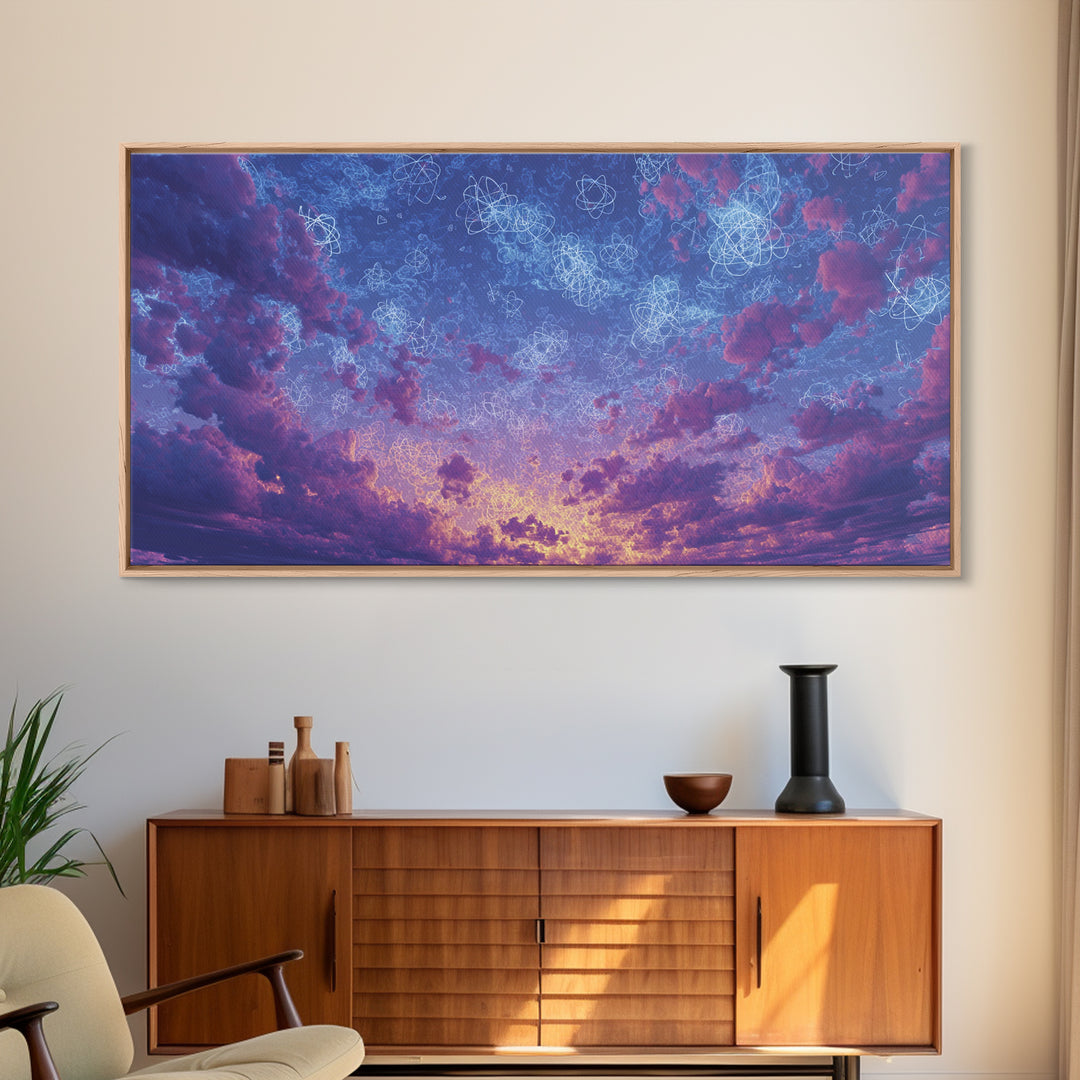 Dreamy Twilight Clouds With Star Diagrams Canvas Print, Modern Wall Art, Blue Purple Celestial Poster, Bedroom Decor Gift