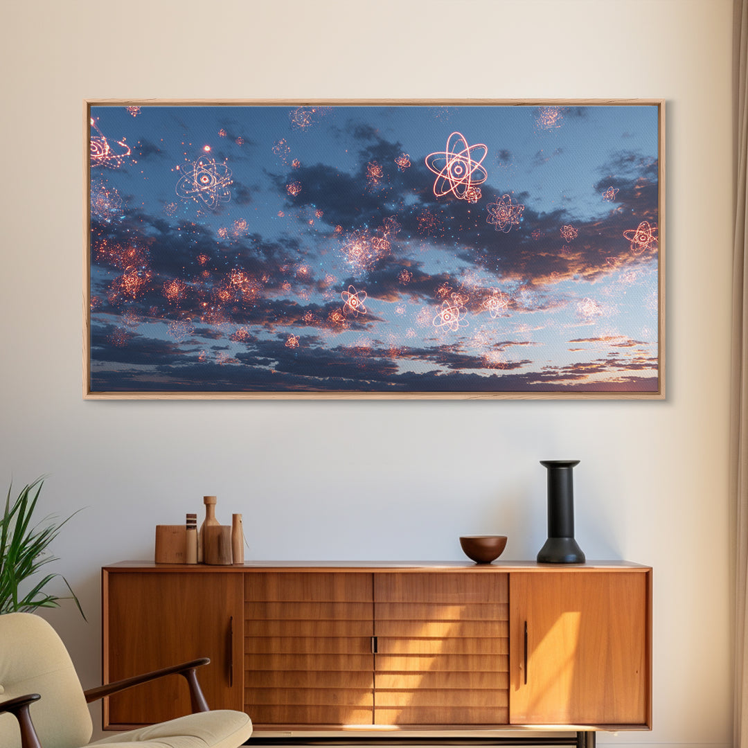 Sparkling Atomic Fireworks Over Dusk Clouds Wall Art, Modern Abstract Art Print, Cosmic Sky Poster, Blue Pink Bedroom Decor