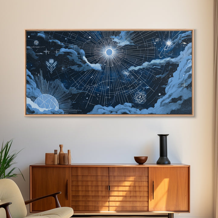 Blue Celestial Grid With Moonlit Clouds Canvas Print, Modern Wall Art, Sci Fi Space Poster, Navy Home Office Decor Gift Print