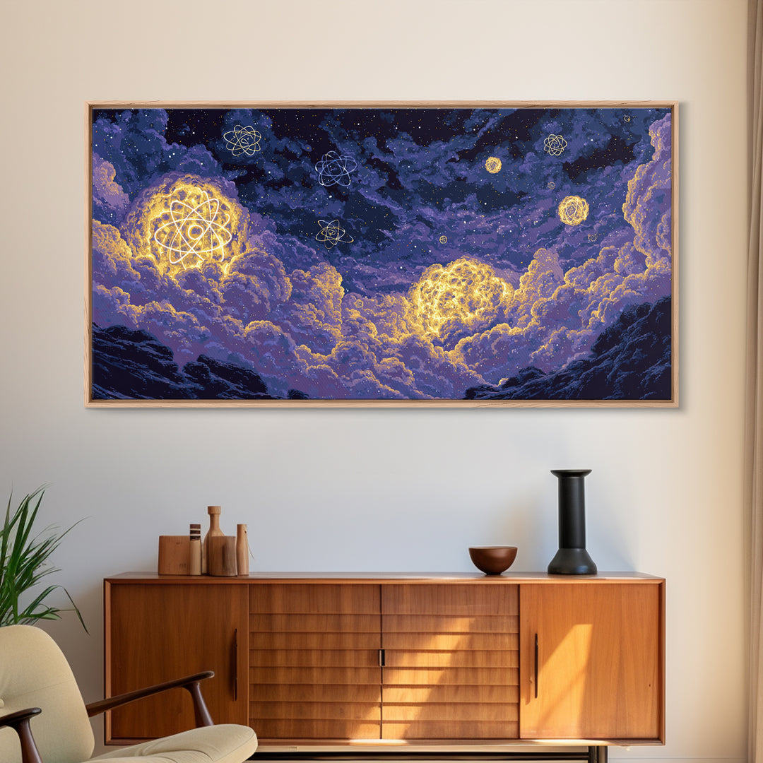 Glowing Atom Clouds In Pixel Night Sky Canvas Print, Modern Abstract Wall Art, Retro Space Poster, Purple Bedroom Decor Gift