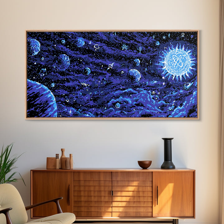 Pixel Space Landscape With Blue Planets Wall Art, Retro Sci Fi Poster, Modern Digital Art Print, Cosmic Game Room Decor Gift