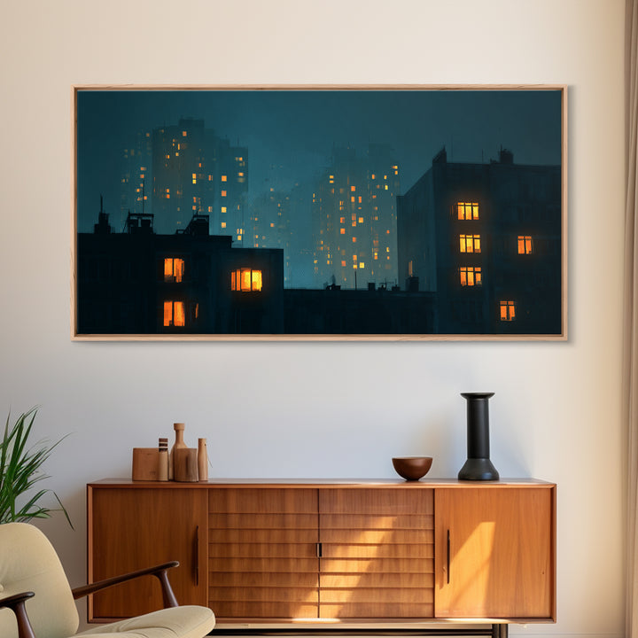 Foggy Teal Apartment Windows Canvas Print, Moody City Nightscape, Modern Wall Art, Urban Bedroom Decor, Home Office Art