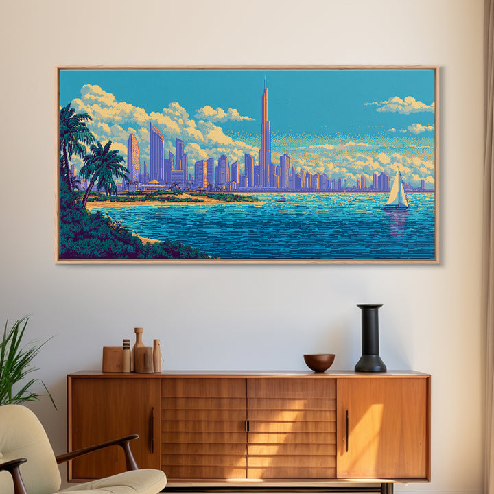 Futuristic Coastal Skyline With Palm Trees Canvas Print, Modern Wall Art, Retro Travel Poster, Tropical Living Room Decor