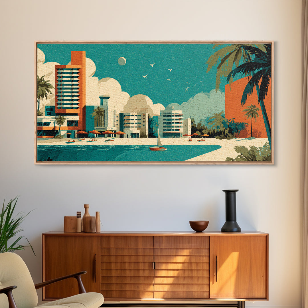 Retro Beachfront Resort With Palms Wall Art, Mid Century Modern Coastal Travel Poster, MCM Decor, Turquoise Lagoon Print