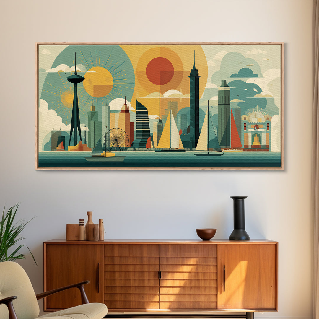 Geometric Seattle Skyline With Space Needle Canvas Print, Mid Century Modern Cityscape Wall Decor, Retro Travel Poster Art