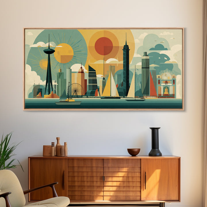 Geometric Seattle Skyline With Space Needle Canvas Print, Mid Century Modern Cityscape Wall Decor, Retro Travel Poster Art