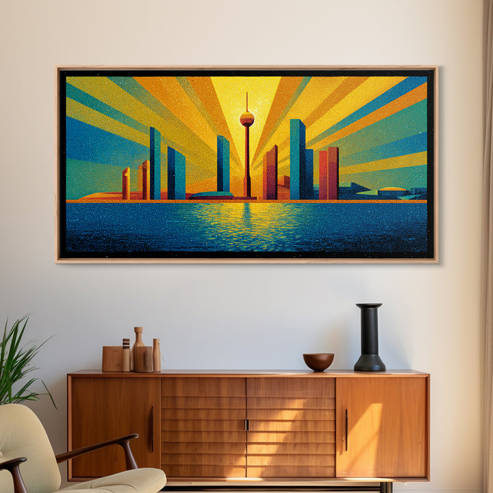 Bold Seattle Skyline Sunrise Wall Art, Mid Century Modern Abstract Cityscape, Space Needle Poster, Retro Geometric Decor