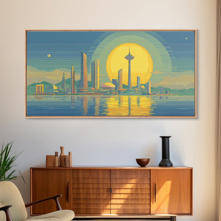 Golden Seattle Skyline At Sunset Framed Canvas Print, Mid Century Modern Wall Art, Futuristic Cityscape Poster, MCM Home Decor