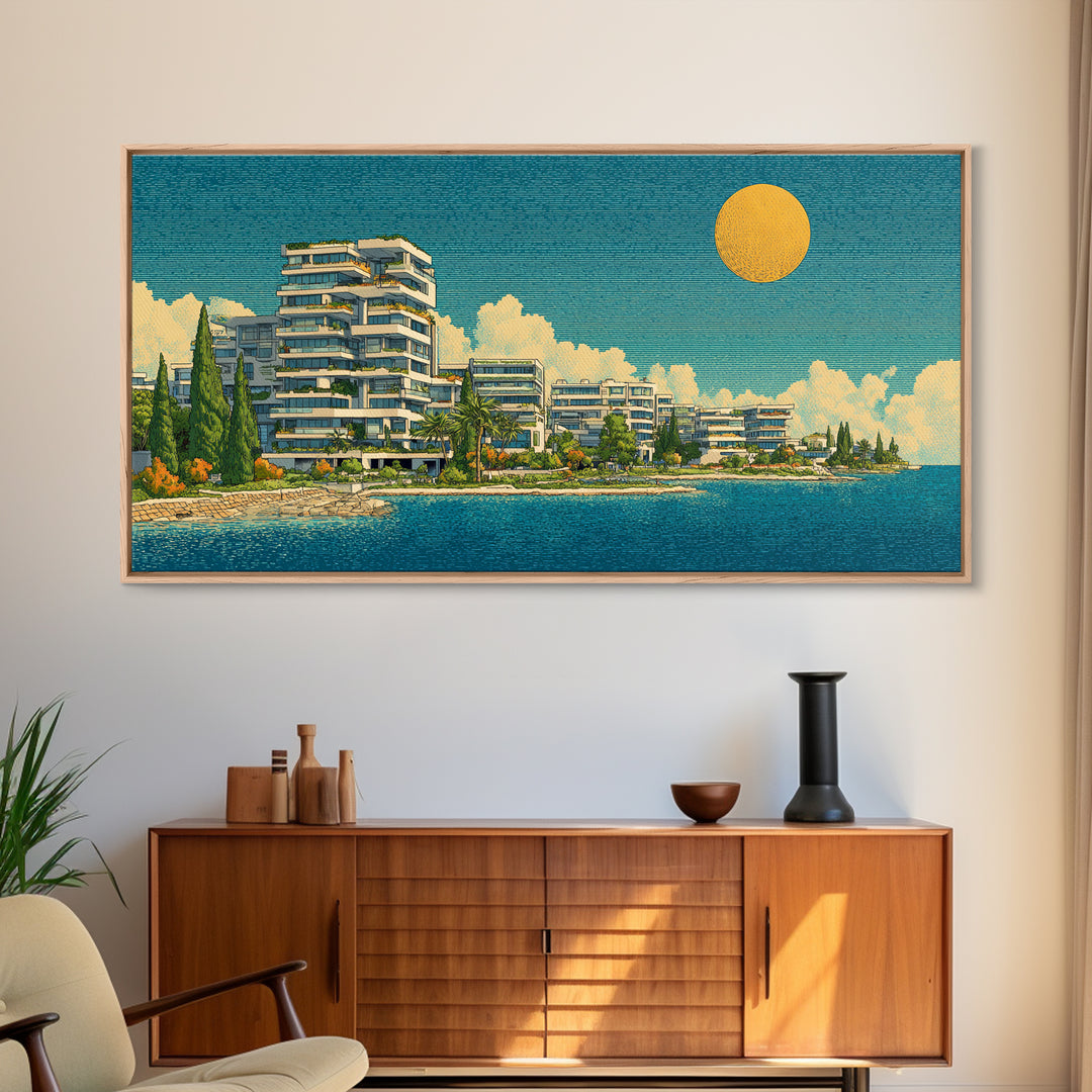 Modern Lakeside Condos With Golden Sun Wall Art, Mid Century Modern Coastal Decor, Mediterranean Lake House Architecture Print