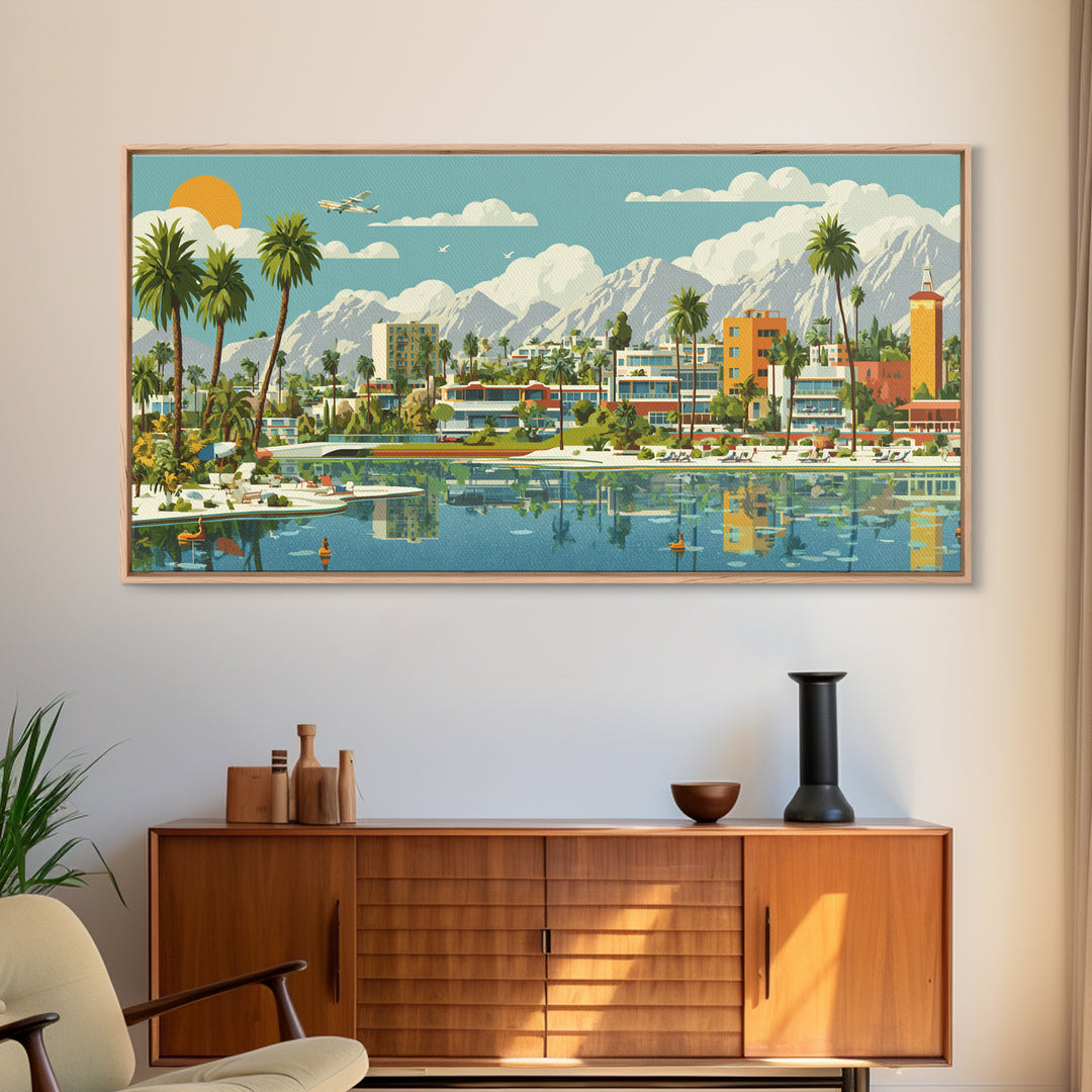 Palm Springs Lagoon With Palms And Mountains Wall Art, Mid Century Modern Desert Travel Poster, Colorful MCM Home Decor Print