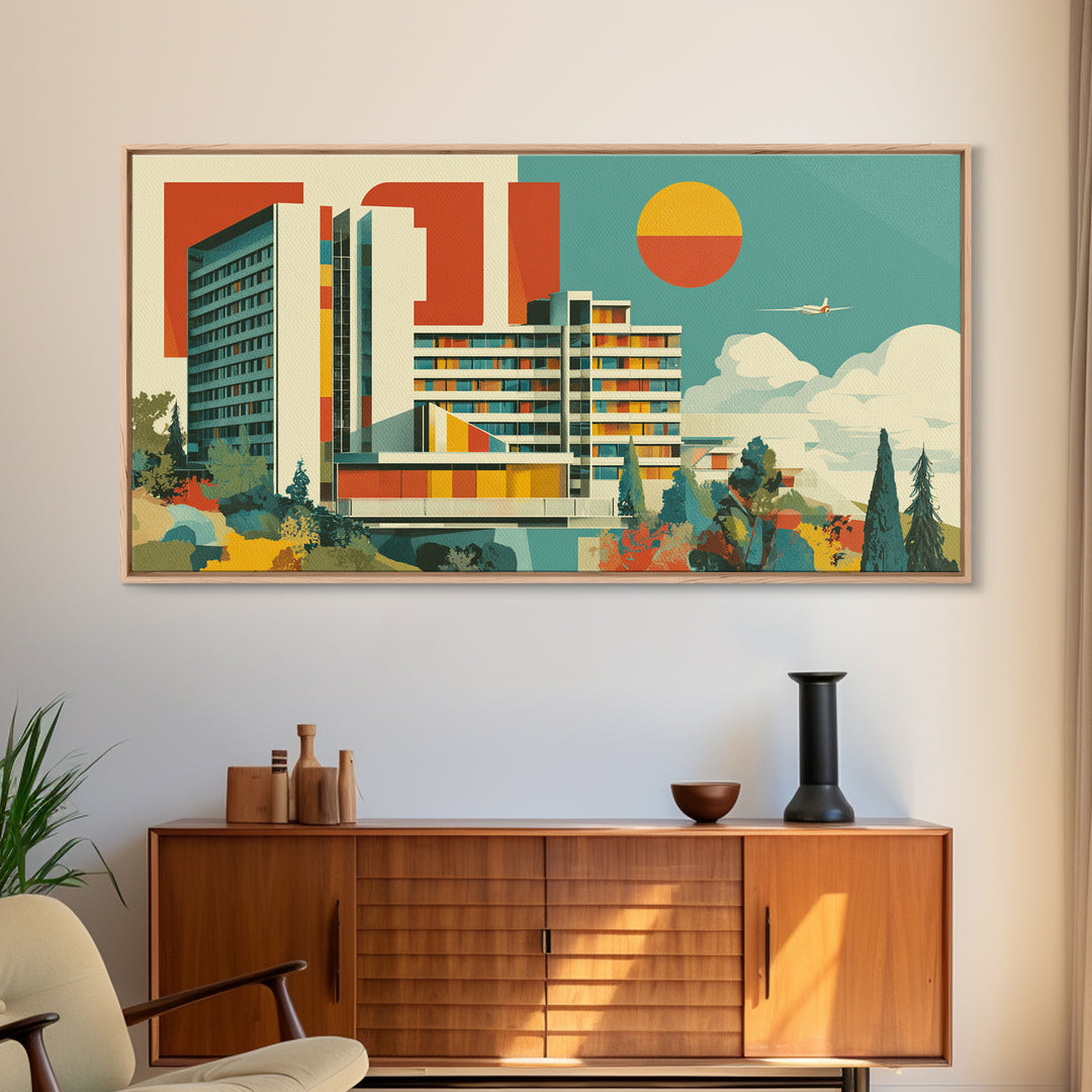 Bauhaus Modernist Hotel Architecture Canvas Print, Mid Century Modern Wall Art, Geometric Orange Sun Poster, MCM Decor Print