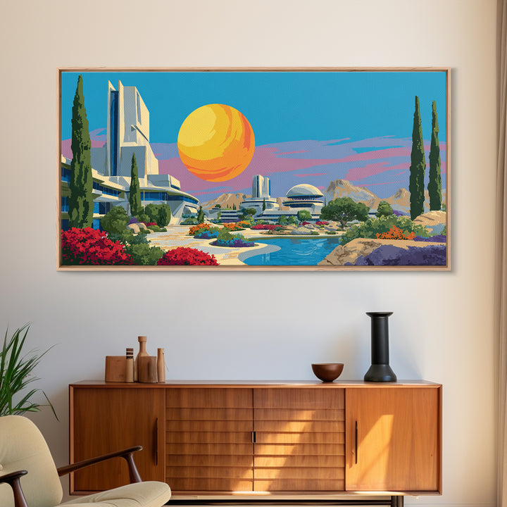 Futuristic Desert Resort With Pool And Giant Sun Wall Art, Mid Century Modern Landscape Poster, Retro Sci Fi Architecture Decor