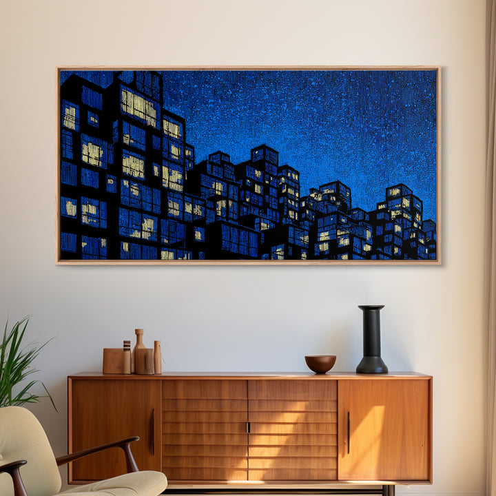 Electric Blue High Rise Wall Art, Geometric City Apartments, Midcentury Modern Decor, Retro Urban Print, Statement Wall Decor