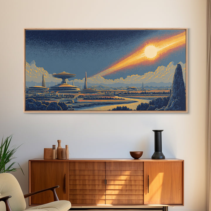 Retro Futuristic City With Meteor And Spaceport Canvas Print, Mid Century Modern Sci Fi Wall Art, Cosmic Skyline Poster Decor