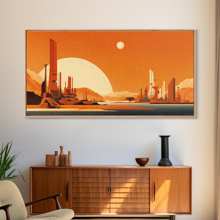 Orange Futuristic Desert City Wall Art, Midcentury Modern Sci Fi Landscape, Retro Space Poster, MCM Living Room Decor, Orange Art Print
