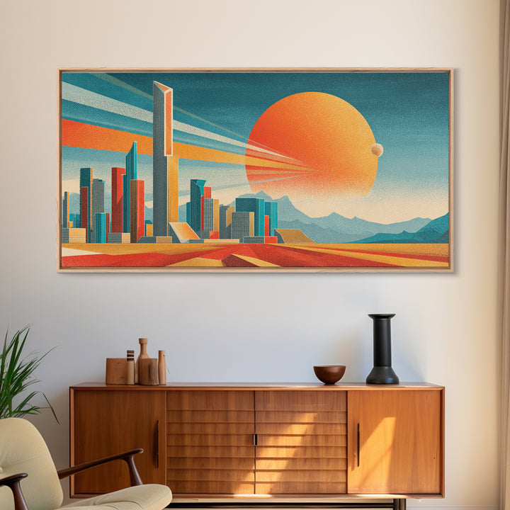 Teal Orange Futuristic Skyline Canvas Print, Midcentury Modern Cityscape, Retro Space Poster, Modern Wall Decor, Large MCM Art