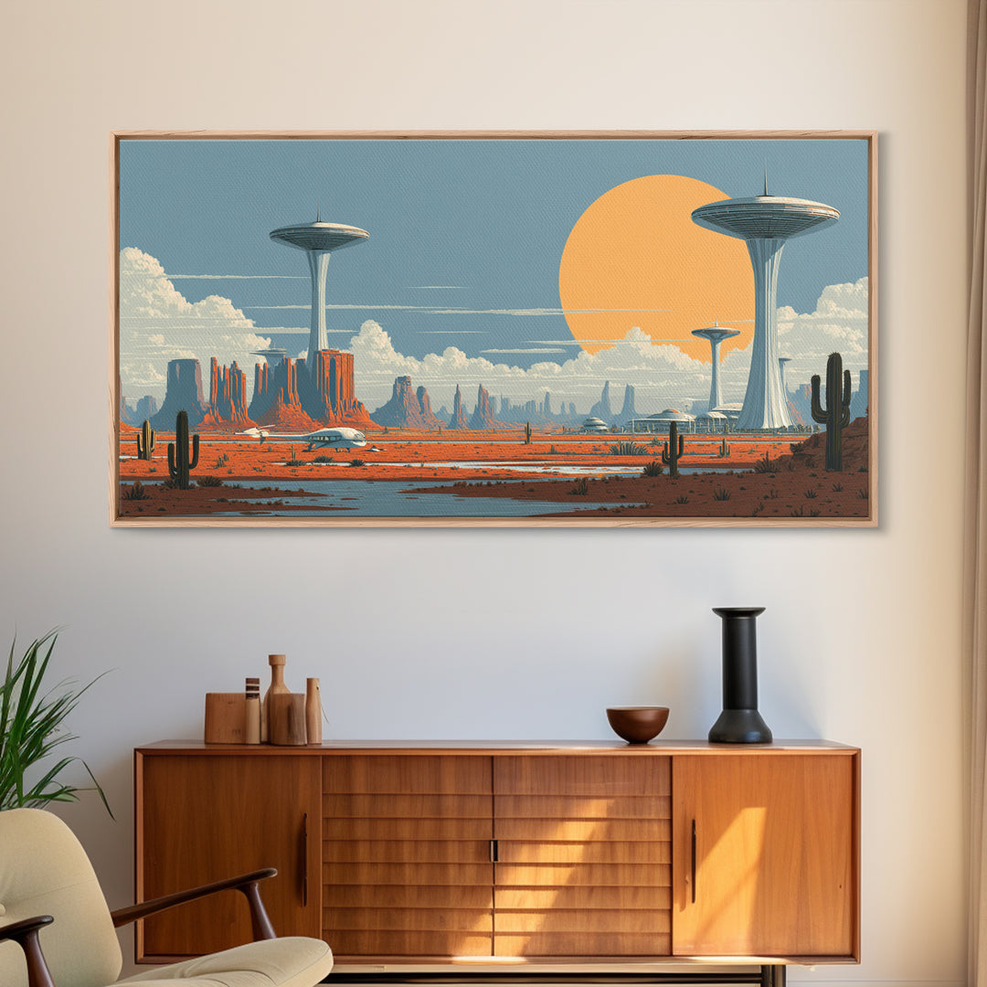 Alien Desert UFO Towers Framed Canvas Print, Midcentury Modern Sci Fi Landscape, Retro Wall Art, Cactus Decor, MCM Poster