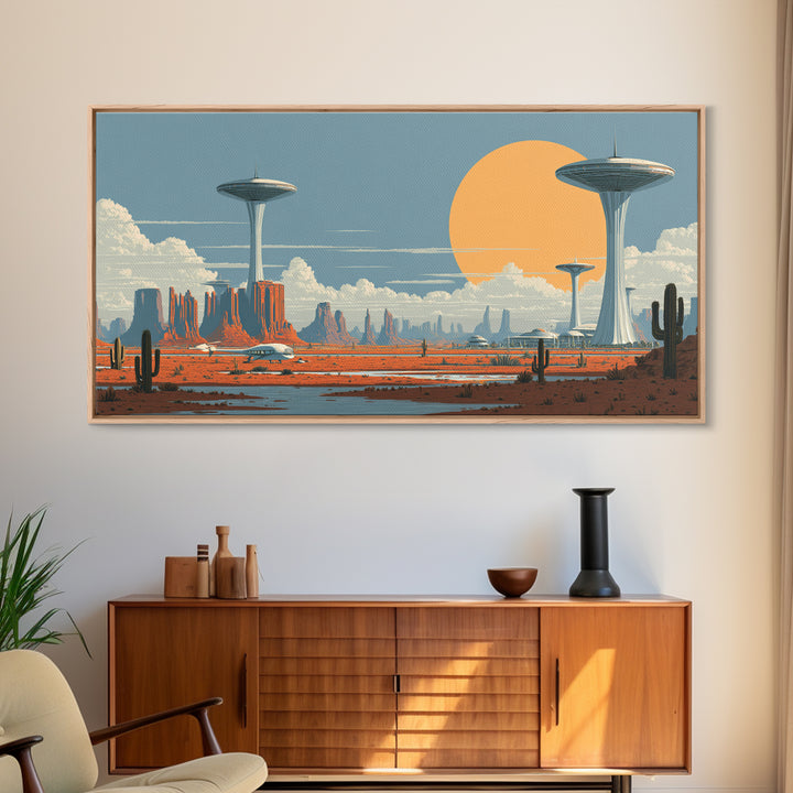 Alien Desert UFO Towers Framed Canvas Print, Midcentury Modern Sci Fi Landscape, Retro Wall Art, Cactus Decor, MCM Poster