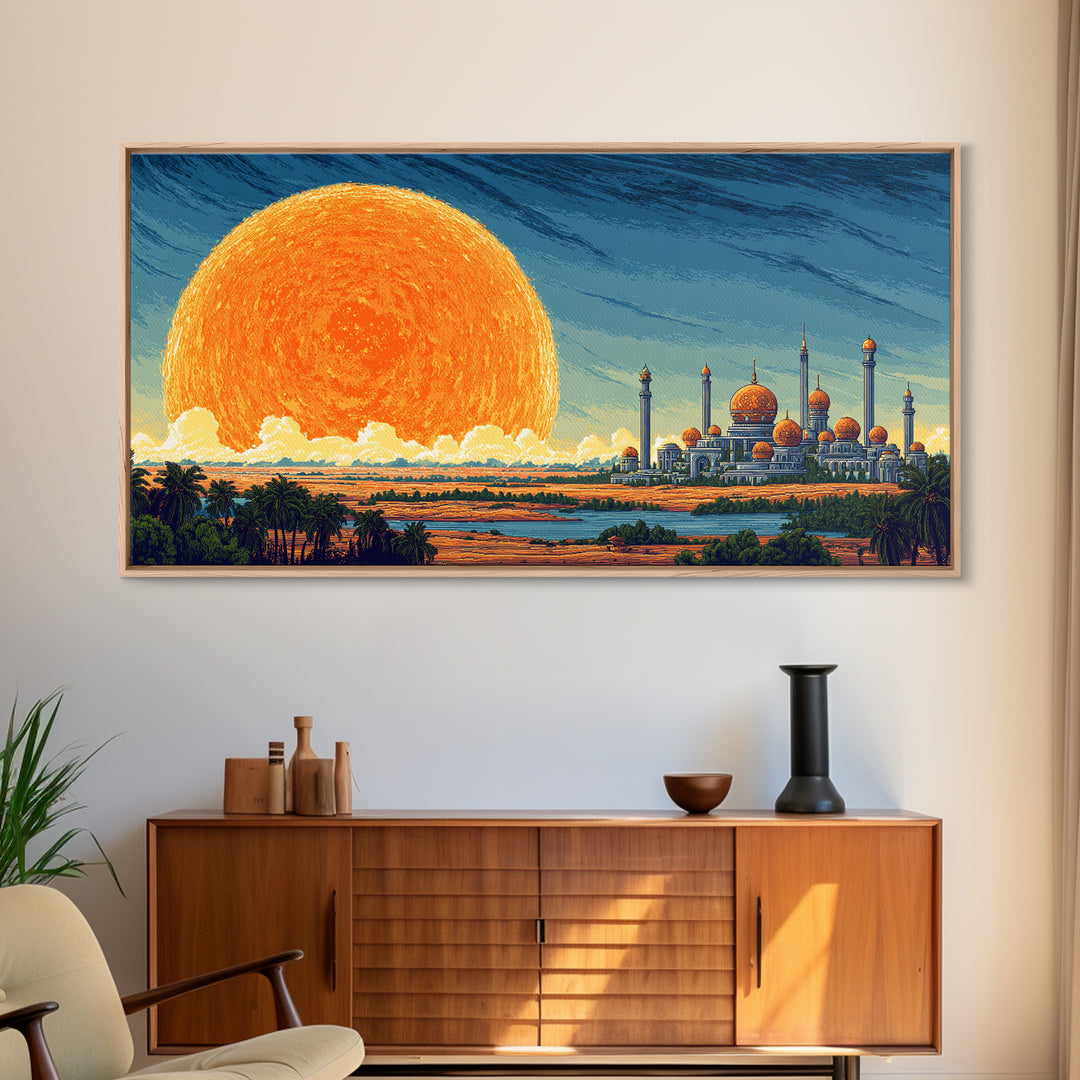 Giant Sun Desert Palace Wall Art, Midcentury Modern Landscape, Islamic Architecture Poster, Orange Blue Living Room Decor