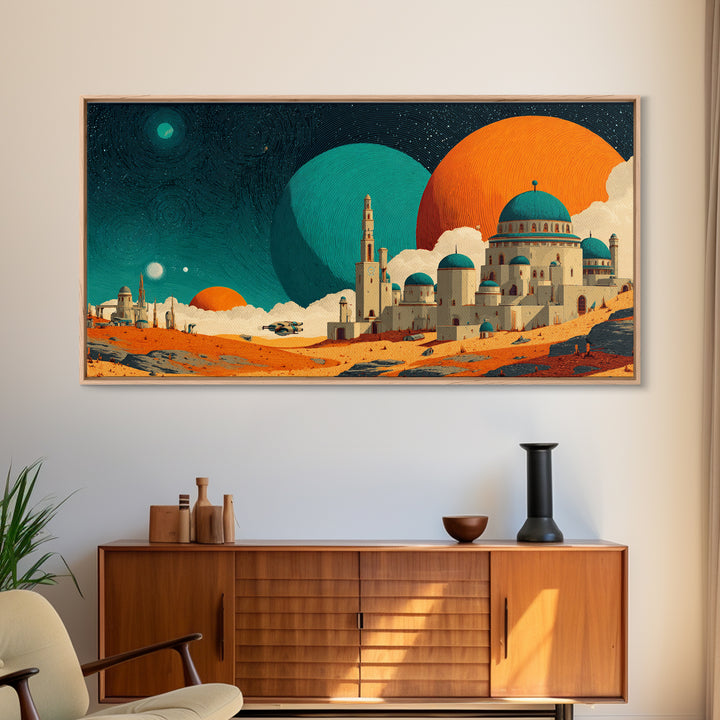 Teal Planet Desert Dome City Canvas Print, Midcentury Modern Sci Fi Wall Art, Retro Space Poster, Orange MCM Home Decor Art