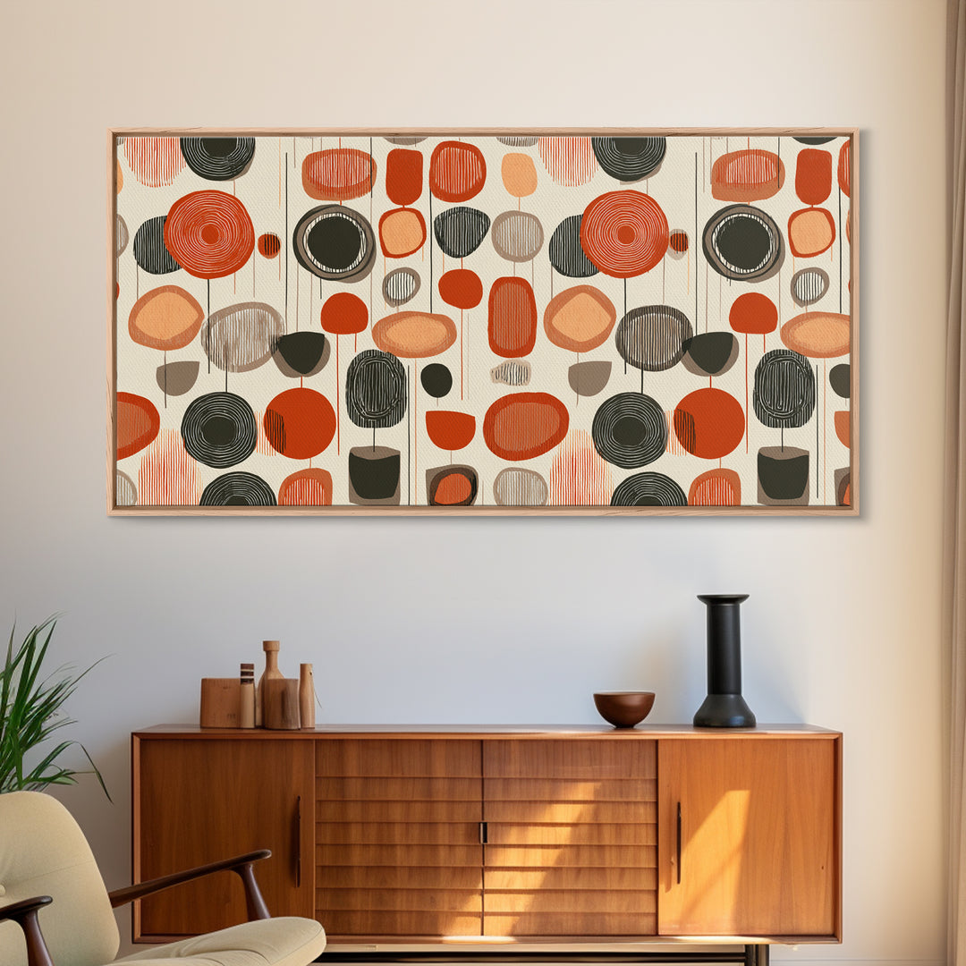 Orange Black Abstract Circle Pattern Wall Art, Midcentury Modern Geometric Print, Retro 70s Decor, MCM Gallery Wall Art, Home Decor