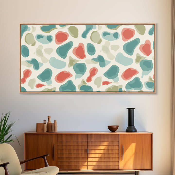 Pastel Terrazzo Organic Shapes Canvas Print, Midcentury Modern Abstract Wall Art, Sage Green Coral Decor, Minimalist Poster