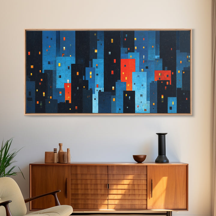 Red And Blue Abstract City Canvas Print, Blocky Urban Skyline, Midcentury Modern Art, Geometric Wall Decor, Home Office Art Print