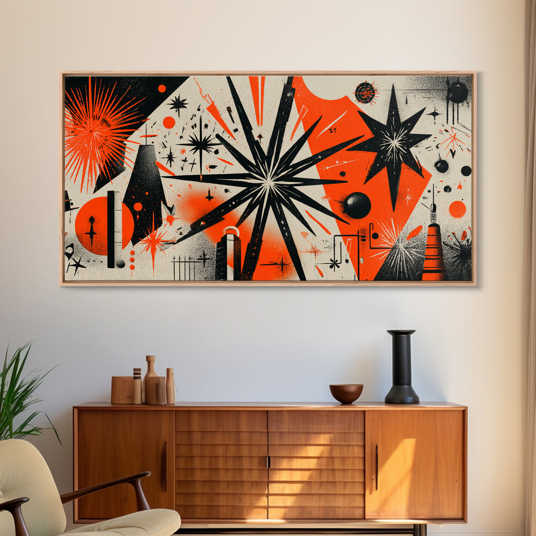 Orange Black Atomic Starburst Wall Art, Midcentury Modern Abstract, Retro 50s Space Age Poster, MCM Geometric Wall Decor