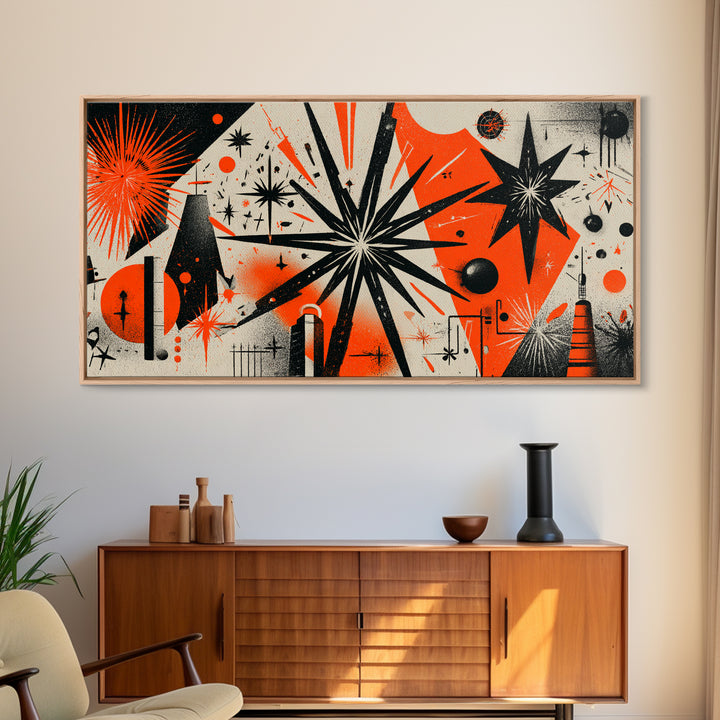 Orange Black Atomic Starburst Wall Art, Midcentury Modern Abstract, Retro 50s Space Age Poster, MCM Geometric Wall Decor