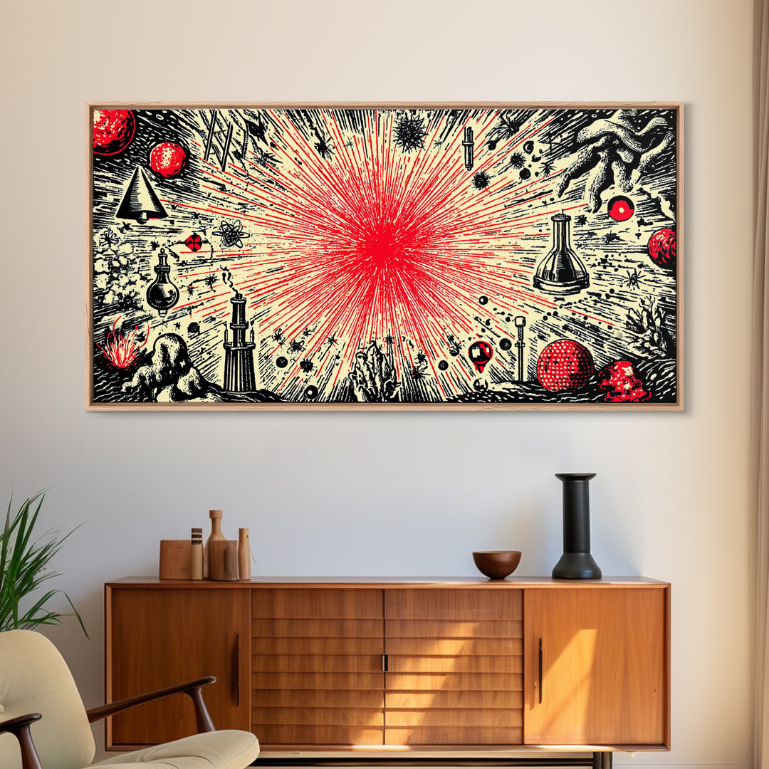 Red Atomic Starburst Science Collage Wall Art, Midcentury Modern Art Print, Retro Space Poster, MCM Wall Decor, Atomic Ranch Home Decor