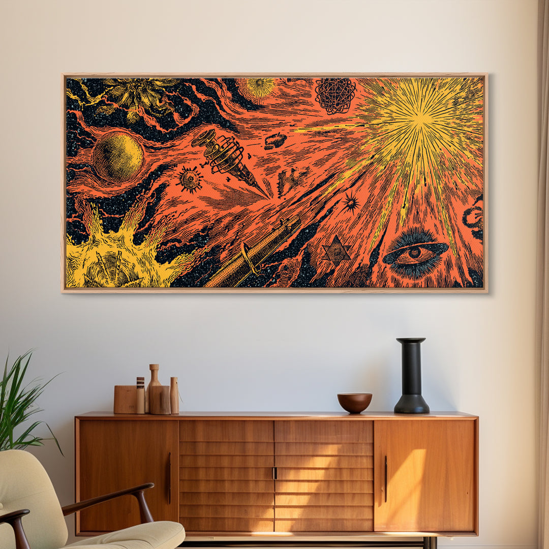 Orange Cosmic Rocket And Eye Canvas Print, Midcentury Modern Space Art, Retro Sci Fi Poster, Atomic MCM Wall Decor, Groovy Home Decor