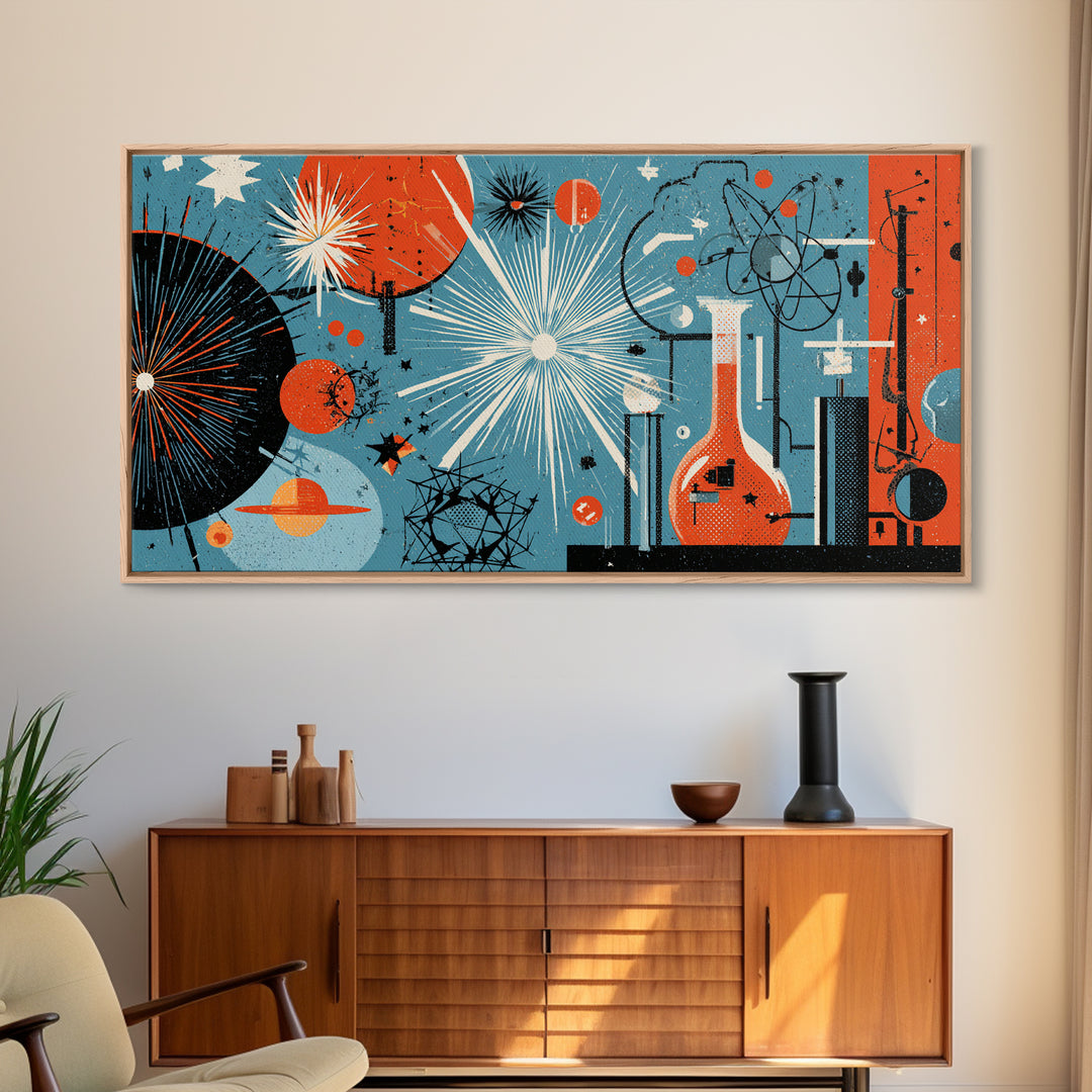 Blue Orange Atomic Laboratory Wall Art, Midcentury Modern Art Print, Retro Science Poster, Geometric MCM Home Decor, Living Room Decor