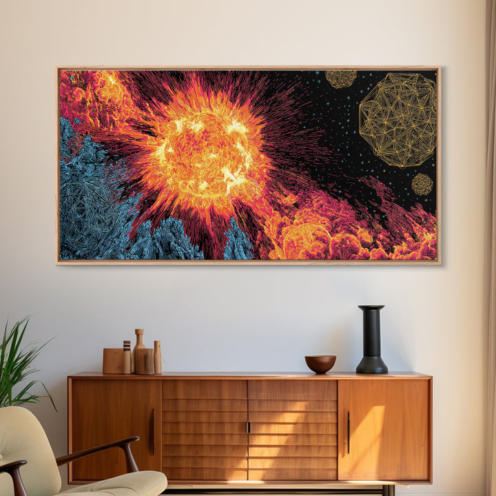 Fiery Solar Flare Sun And Asteroids Canvas Print, Modern Abstract Art, Retro Space Poster, Cosmic Wall Decor, Sci Fi Gift