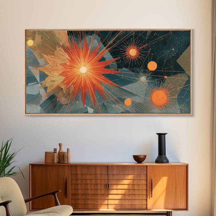 Orange Teal Geometric Starburst Framed Canvas Print, Midcentury Modern Abstract Art, Retro MCM Wall Decor, Home Office Decor