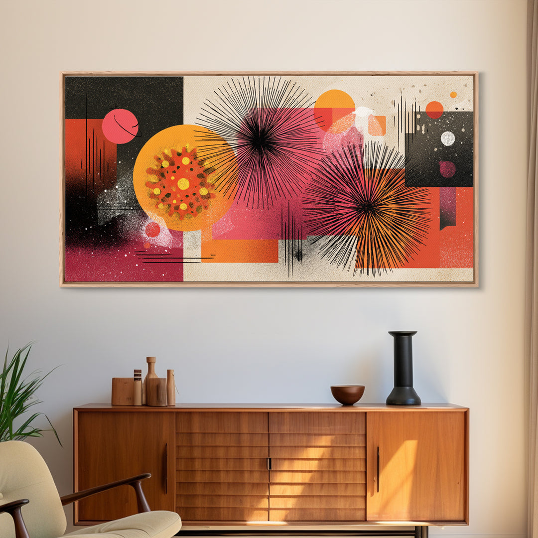 Pink Orange Abstract Starbursts Wall Art, Midcentury Modern Art Print, Retro Geometric Poster, Bold MCM Home Decor, Living Room Decor