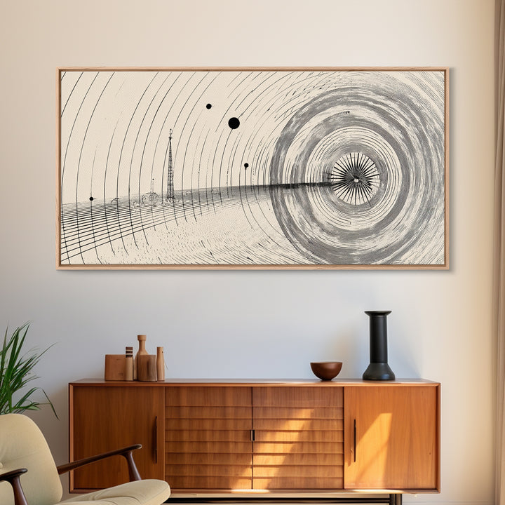 Black Beige Radar Wave Perspective Op Art Wall Art, Minimalist Geometric Art Print, Modern Abstract Poster, Office Home Decor