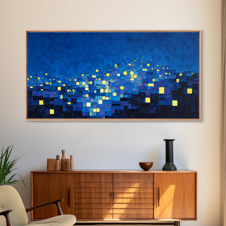 Pixelated Blue City Lights Wall Art, Abstract Night Skyline, Modern Art Print, MCM Wall Decor, Living Room Statement Decor