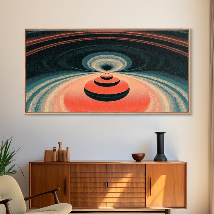 Red Orbital Target Wall Art, Cosmic Midcentury Abstract Print, Retro Geometric Space Poster, Modern MCM Decor For Home Office