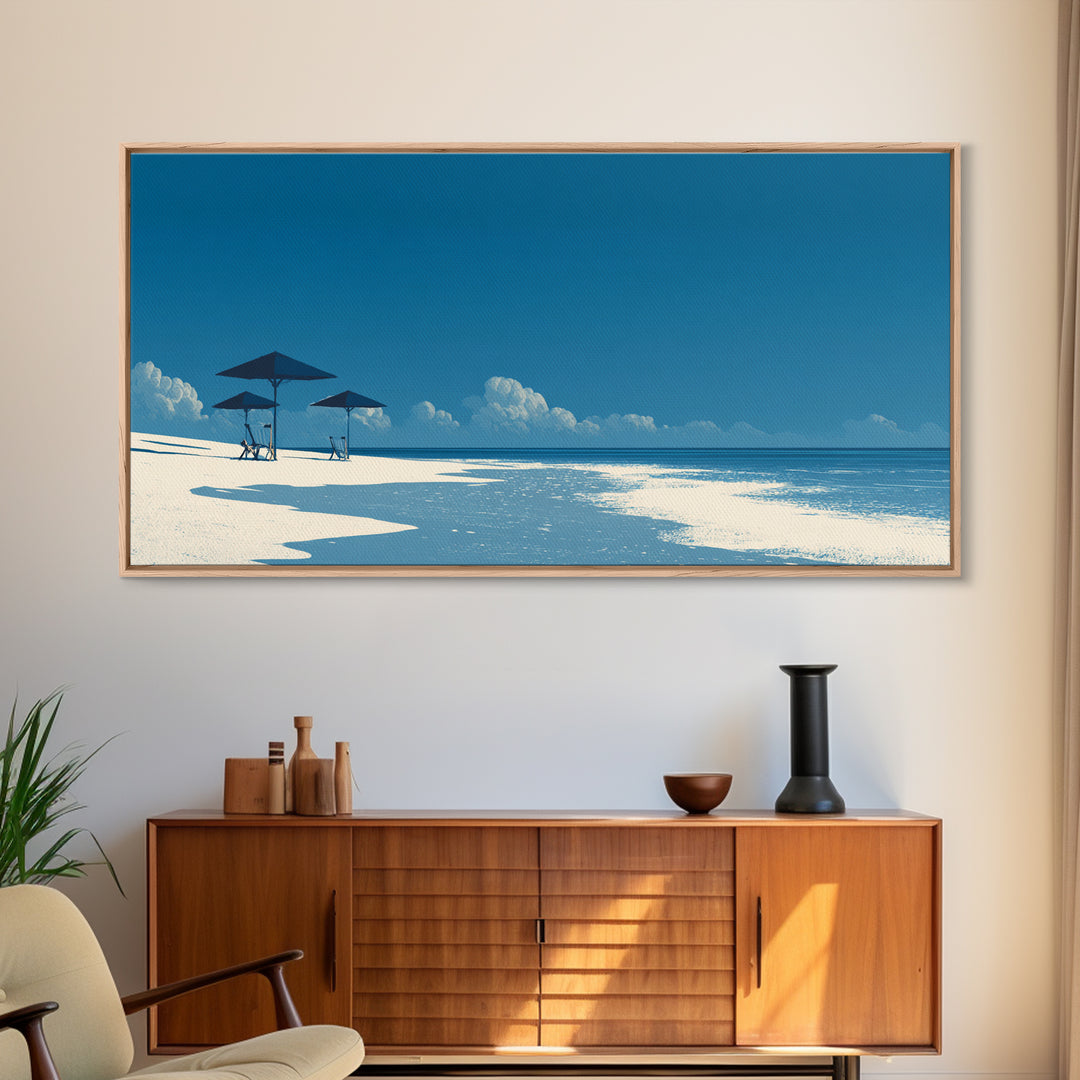 Minimal Blue Beach Wall Art, Serene Ocean Umbrella Landscape Print, Coastal Modern Poster, Summer Decor For Bedroom And Office