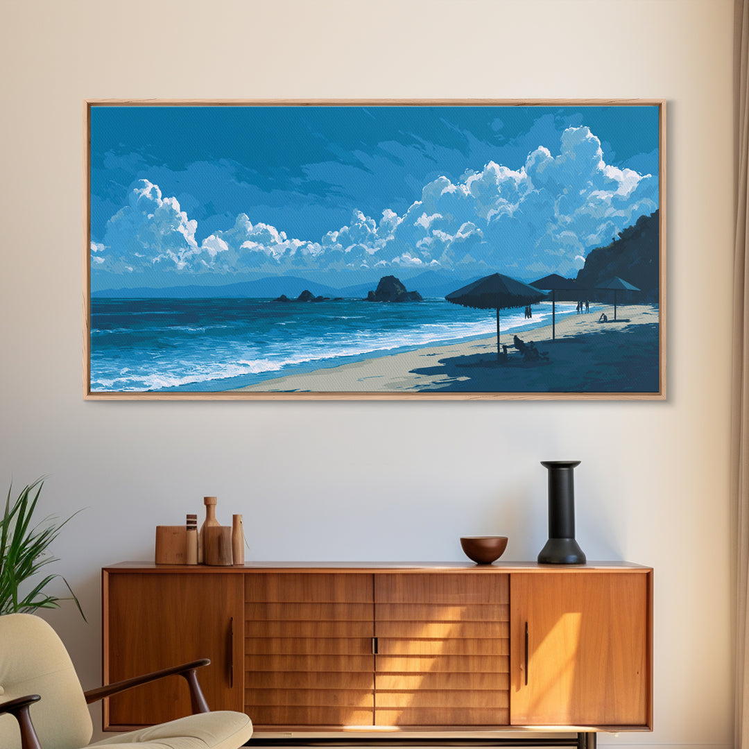 Blue Coastal Cloudscape Canvas Print, Ocean Beach Umbrella Scene, Modern Landscape Wall Art, Tropical Decor For Living Room