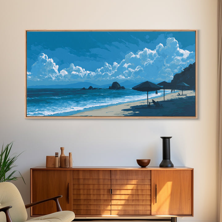 Blue Coastal Cloudscape Canvas Print, Ocean Beach Umbrella Scene, Modern Landscape Wall Art, Tropical Decor For Living Room