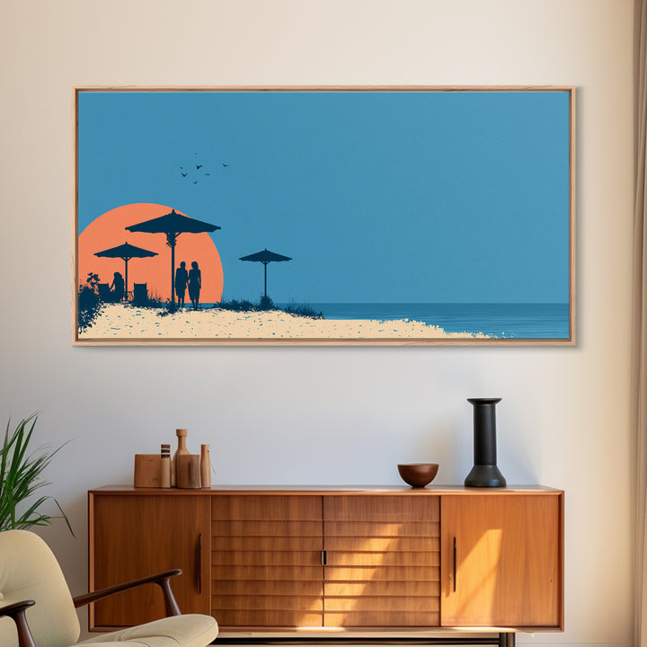 Orange Sunset Beach Wall Art, Silhouette Umbrellas And Couple Print, Retro Coastal Poster, Modern Tropical Decor For Bedroom