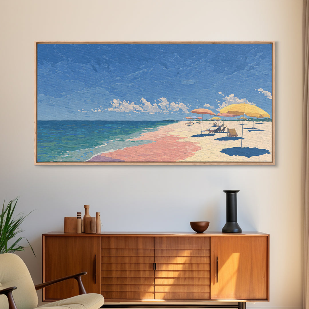 Pastel Ocean Beach Canvas Print, Pink Sand Umbrella Landscape, Coastal Modern Wall Art, Soft Summer Decor For Bedroom And Office